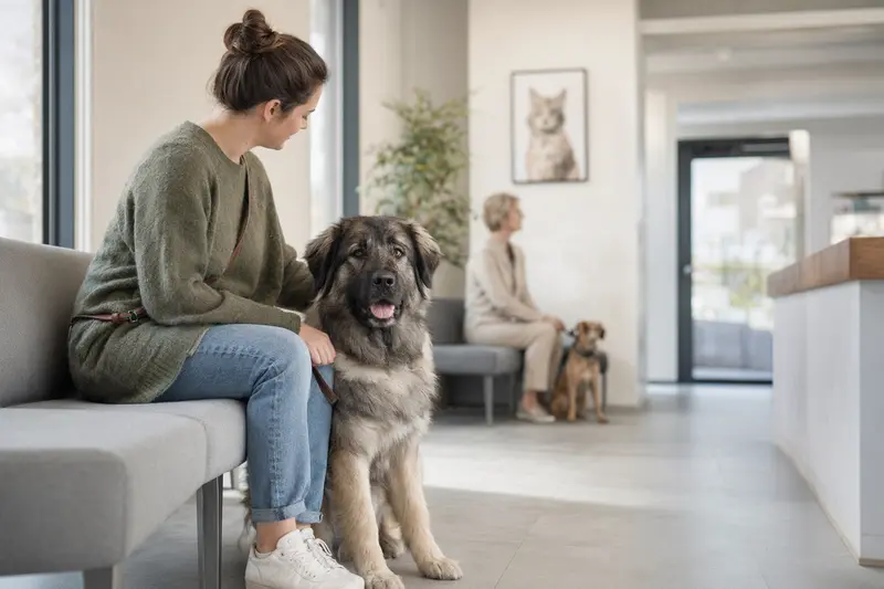 Kaukasischer Hirtenhund sitzt ruhig neben seinem Besitzer im hellen Wartezimmer einer modernen Tierarztpraxis.